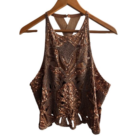 MAEVE by Anthropologie Top Size L Brown Embellished Cutwork Cross Back Tank NWT - Picture 16 of 16
